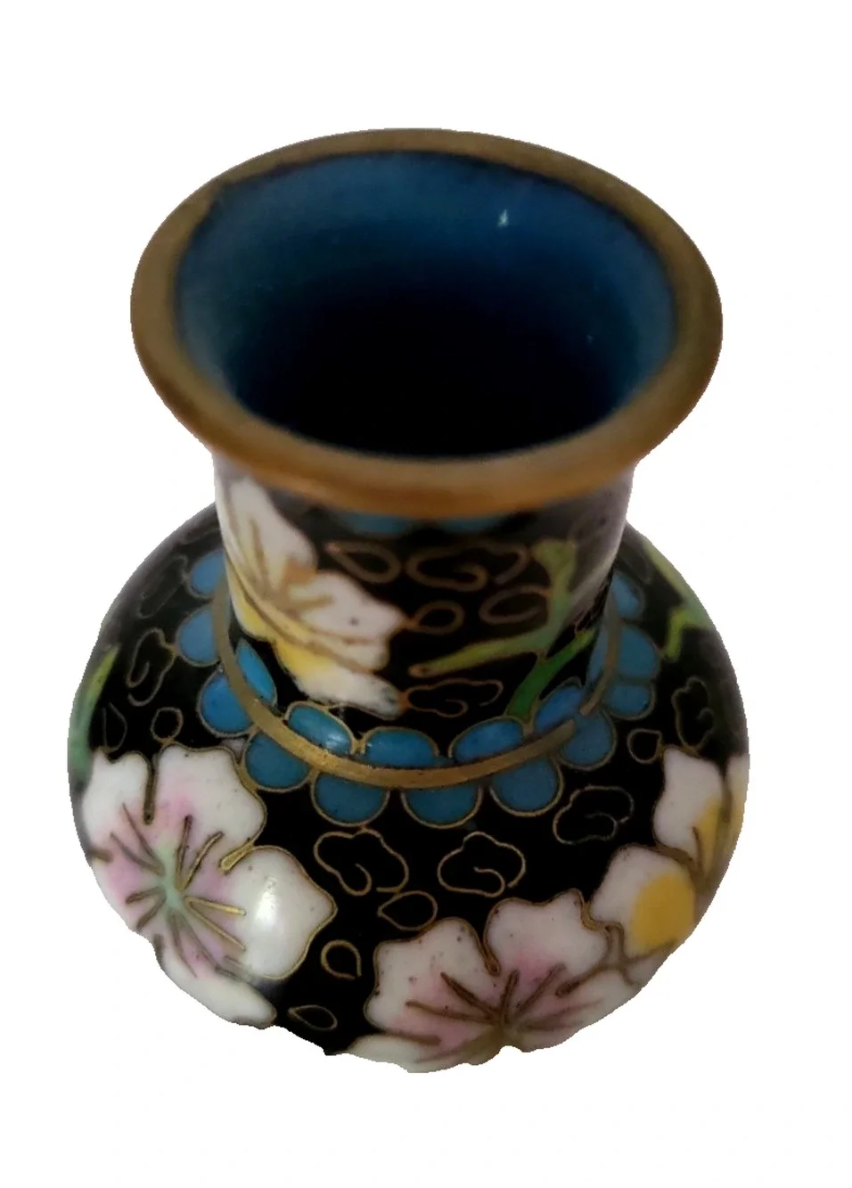 VINTAGE MINIATURE MINI CHINESE CLOISONNE VASE BLUE & PINK FLORAL 2